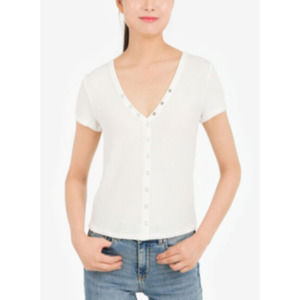 Hippie Rose Juniors Snap-Front Short Sleeve Henley T-Shirt Top Ivory XL, $24 NWT